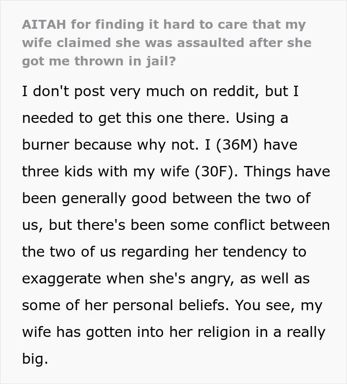Text post discussing a husband&rsquo;s experience with wife accusing him of domestic violence and impact on his empathy.