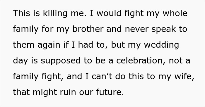 Text excerpt about man refusing to let gay brother come out at wedding, highlighting family conflict and celebration concerns. Text excerpt about man refusing to let gay brother come out at wedding, highlighting family conflict and celebration concerns.