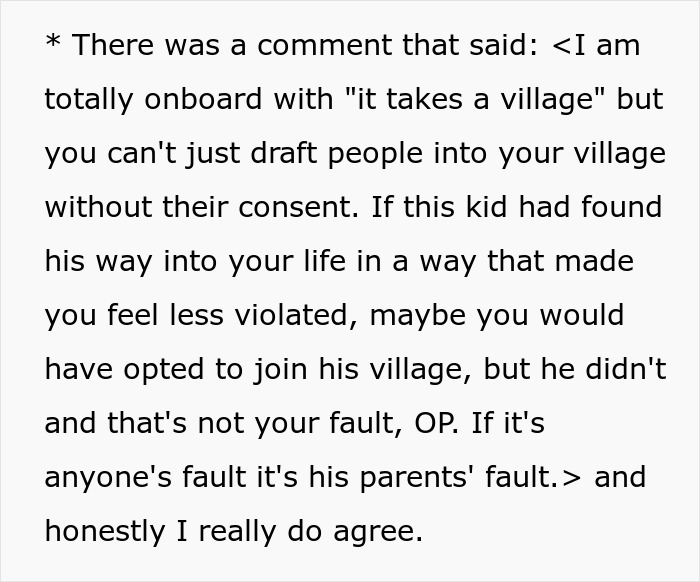 Screenshot of a text comment discussing a woman catching her neighbor&rsquo;s son in her home and parents&rsquo; casual reaction.