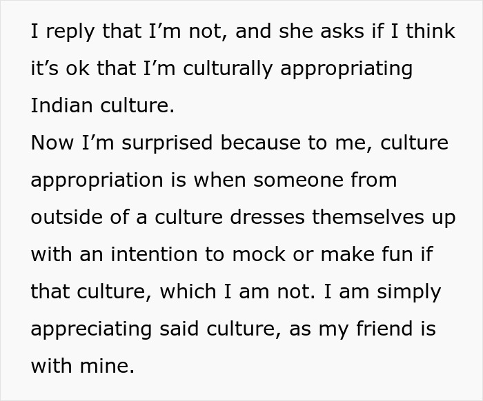 Text excerpt discussing cultural appropriation and appreciation in the context of traditional attire swaps between friends.