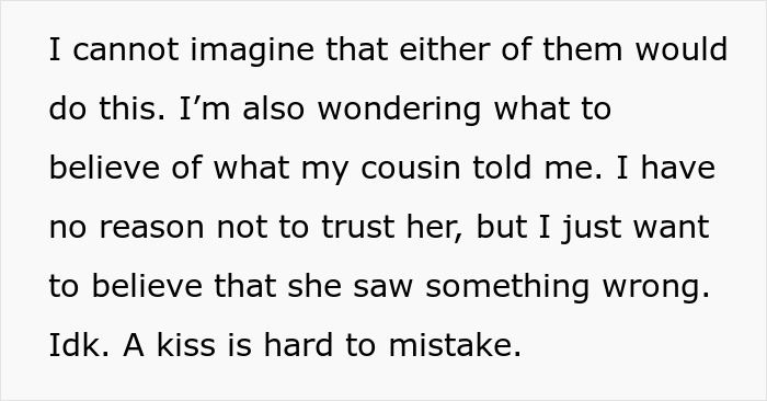 Text excerpt discussing disbelief and trust issues related to the bride&rsquo;s world crumbling after twin sister and fianc&eacute; secrets revealed.