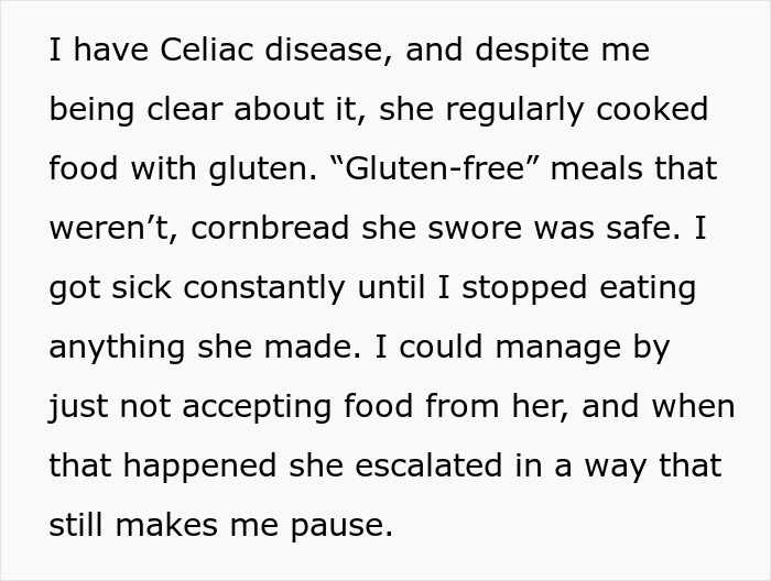 Text excerpt describing a woman with Celiac disease who suspects her mother-in-law of poisoning her by cooking gluten foods. Text excerpt describing a woman with Celiac disease who suspects her mother-in-law of poisoning her by cooking gluten foods.