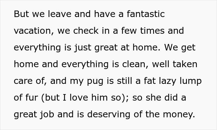 Text passage discussing a vacation, home care, and a pug, highlighting efforts to frame SIL and create conflict in a couple.