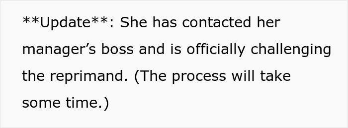 Text update about Emokoyee challenging the formal reprimand after missing a meet due to being off work.