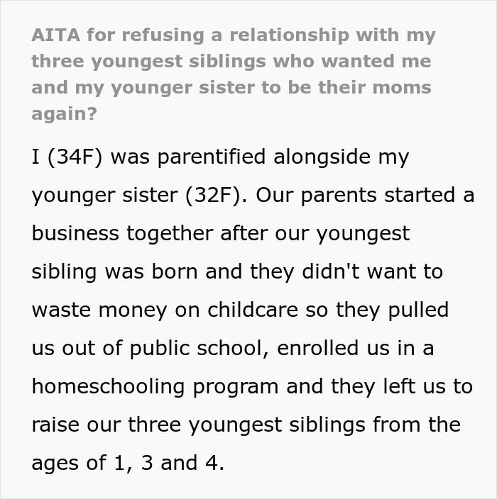 Text excerpt discussing the complex relationship between siblings and a sister stepping into a mom role for younger siblings.