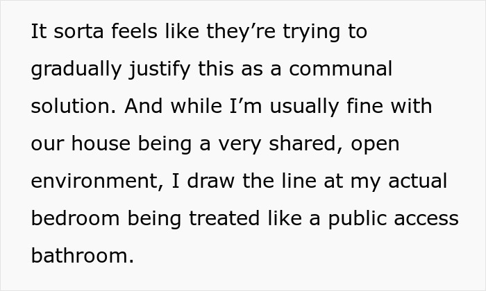 Text excerpt discussing nonbinary person setting boundaries about roommates’ boyfriends using private bathroom inside their room. Text excerpt discussing nonbinary person setting boundaries about roommates’ boyfriends using private bathroom inside their room.