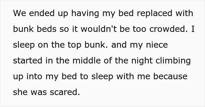 Text excerpt about a teen removing ladder from bunk bed to block clingy niece who climbs up at night to sleep with her.
