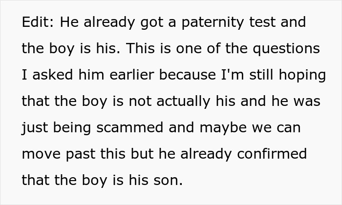 Text post discussing paternity test confirming boy is husband's son in a long hidden affair case. Text post discussing paternity test confirming boy is husband's son in a long hidden affair case.