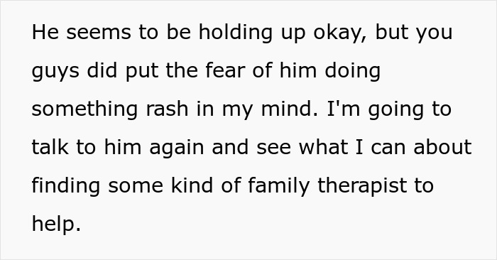 Text excerpt about a dad supporting his gay son and considering family therapy after conflict with wife.