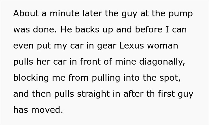 Lexus woman blocks air pump line, skips the queue, then gets trapped between curbs facing petty justice consequences. - 8