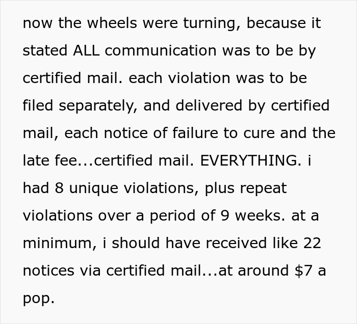 Text discussing certified mail requirements and multiple violations in petty HOA follow ups over nine weeks.