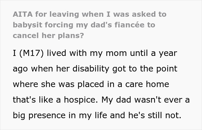 Text excerpt discussing a teen&rsquo;s experience with dad&rsquo;s babysitting demands and family care challenges.