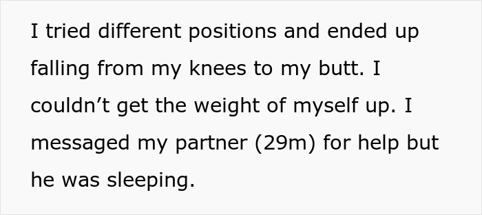 Heavily pregnant woman stuck in bathtub calling for help while angry partner scolds her for waking him up.
