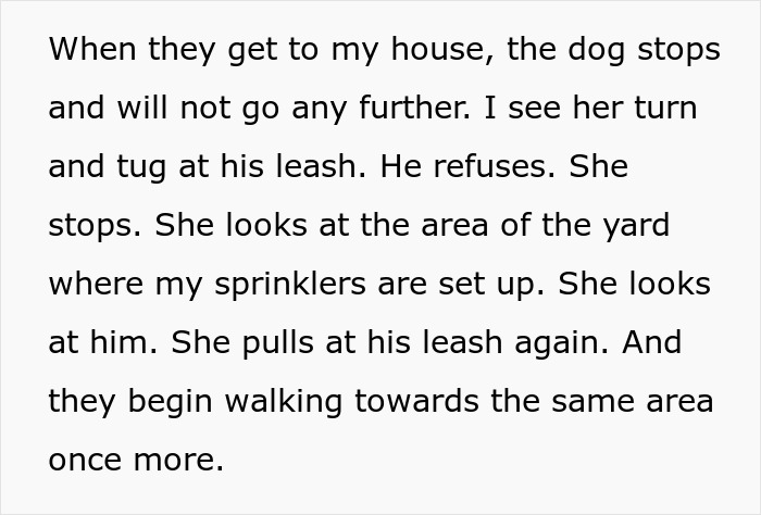 Text describing a man&rsquo;s petty revenge on an entitled dog owner involving a dog stopping near sprinklers.