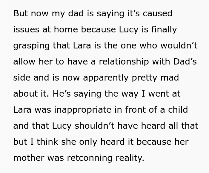 Text excerpt discussing woman telling her dad&rsquo;s affair baby the reason grandparents don&rsquo;t see her, causing family conflict.