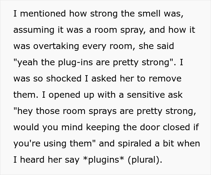 Text describing a family hosting a divorcing friend who floods the home with nasty scents using strong plug-in air fresheners.