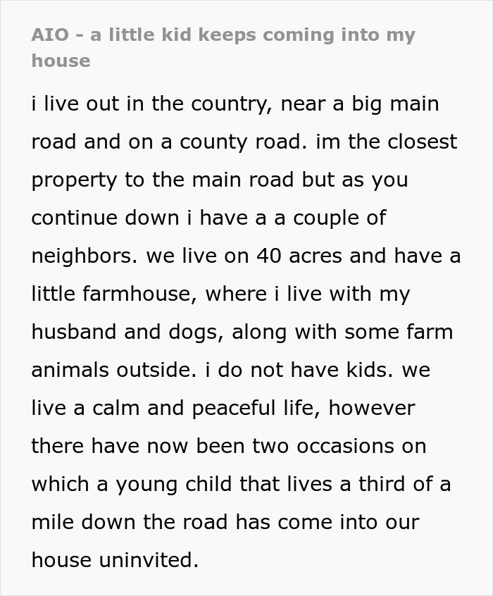 Text excerpt from a woman describing how a neighbor&rsquo;s son keeps entering her home uninvited, highlighting surprise at parents&rsquo; casual reaction.