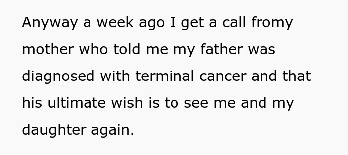 Text message about estranged dad with terminal cancer wanting to reconnect with daughter after disowning her.