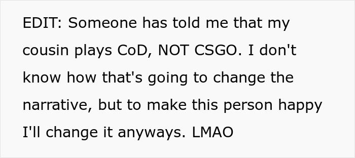 Text message about cousin playing Call of Duty, clarifying details in a casual tone with internet slang.