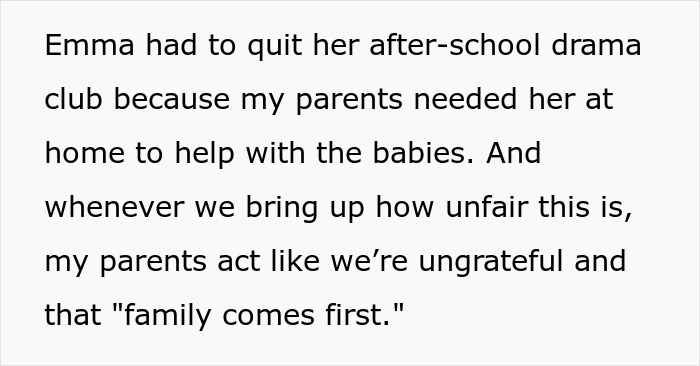 Text discussing a 16-year-old twins missing out on teenage life due to parents always expecting them to babysit six kids.
