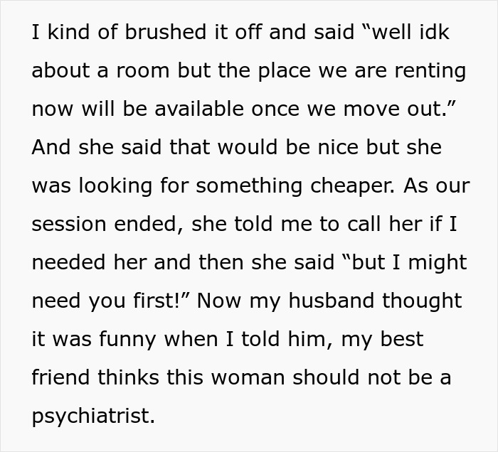 Text excerpt showing a woman baffled at a psychiatrist’s unhinged request during a session conversation. Text excerpt showing a woman baffled at a psychiatrist’s unhinged request during a session conversation.