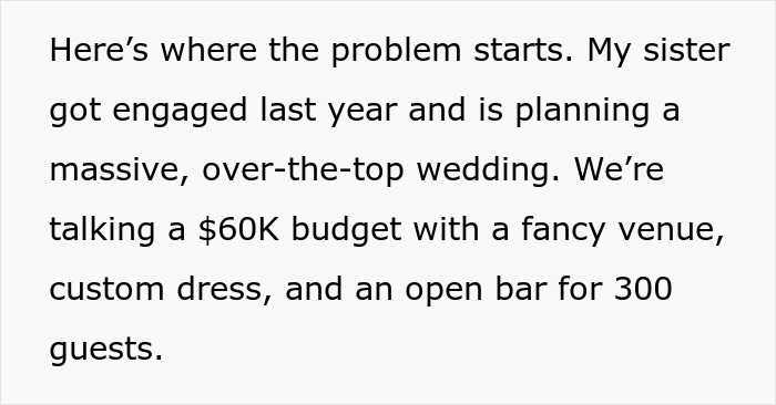 Text excerpt discussing sister’s plan for a $60K dream wedding with a fancy venue, custom dress, and open bar for guests. Text excerpt discussing sister’s plan for a $60K dream wedding with a fancy venue, custom dress, and open bar for guests.