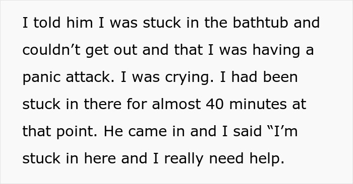 Heavily pregnant woman stuck in bathtub, experiencing panic attack, calls for help while partner shows anger.