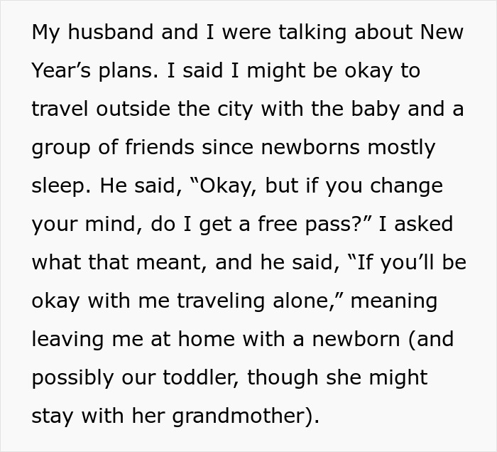 Text excerpt describing a husband asking his wife for permission to travel alone right after her scheduled C-section.