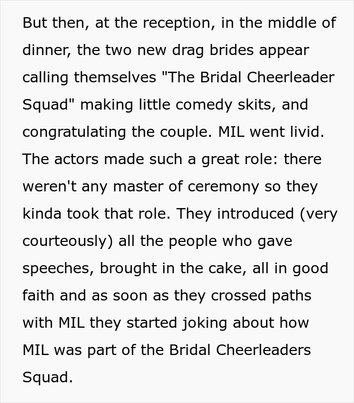 Two drag queens perform as the Bridal Cheerleader Squad at a wedding, putting the MIL in her place with comedy.