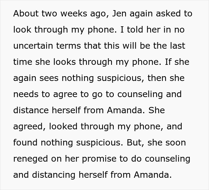 Alt text: Text excerpt describing a man giving his pregnant girlfriend an ultimatum after insecurities affect their relationship.