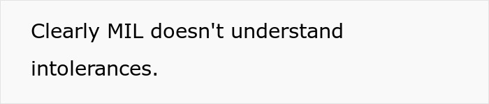 Text on a white background stating a mother-in-law doesn't understand lactose intolerances sparking family drama.