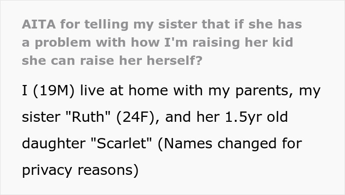 Text excerpt showing a 19-year-old male raising his sister&rsquo;s 1.5-year-old daughter and family conflict about feeding choices.