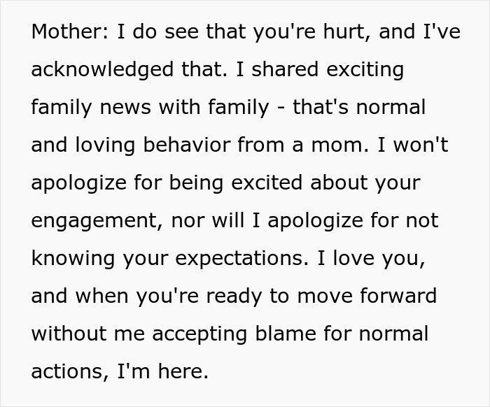 Alt text: Mother shares family update about engagement, causing bride to cut mom off from key wedding plans conflict. Alt text: Mother shares family update about engagement, causing bride to cut mom off from key wedding plans conflict.