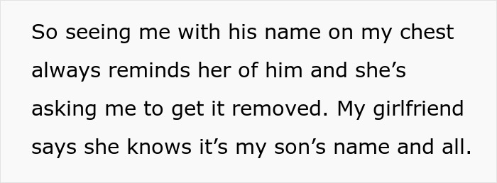 Text on white background about a man&rsquo;s tattoo of his late son's name being a trigger for his girlfriend.