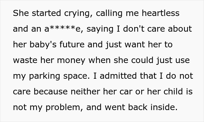 Text excerpt describing a confrontation involving a young woman threatening cops and a pregnant woman over a parking space dispute.
