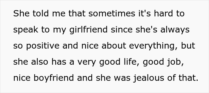 Text excerpt about girlfriend having a good life and boyfriend, related to GF canceling dream vacation due to work.