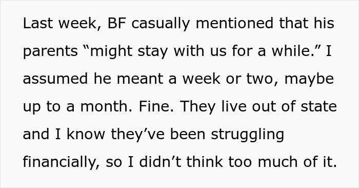 Text excerpt about a man secretly inviting his parents to stay, causing tension with his girlfriend.