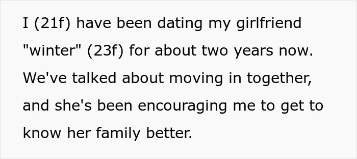 Text excerpt explaining a woman dating her girlfriend and being encouraged to meet her girlfriend&rsquo;s family, amid a tense dinner ending in chaos.