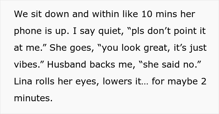 Self-proclaimed influencer filming SIL at birthday dinner, getting upset when sister-in-law blocks her camera.