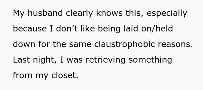 Text excerpt describing a claustrophobic woman's reaction after her husband&rsquo;s prank goes too far in a personal anecdote.