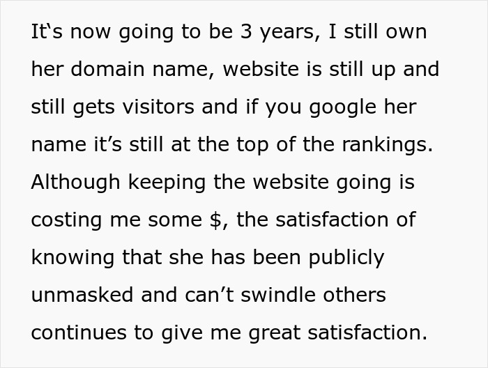 Text excerpt discussing a landlord maintaining a website to defame a woman who quit paying rent and wrecked the apartment.