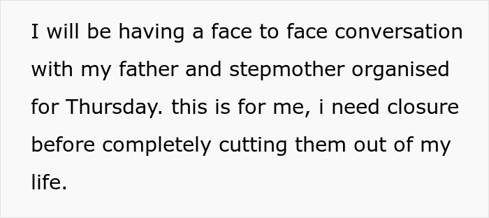 Woman preparing for a face to face conversation seeking closure before cutting ties with her entire family years later.