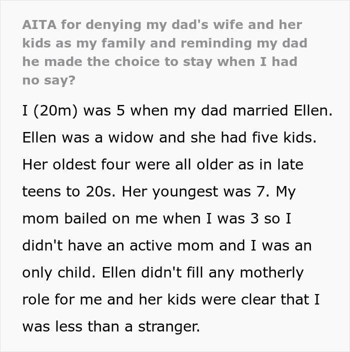 Alt text: 20-year-old refuses to attend family dinner after years of rejection by stepsiblings and indifferent dad.