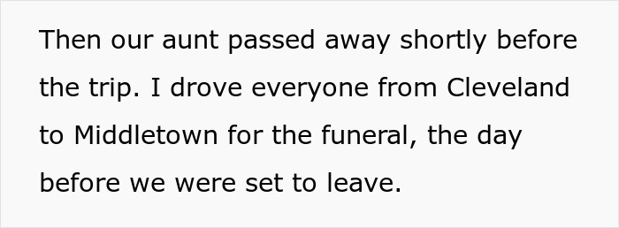 Text excerpt about a road trip impacted by family events, highlighting a sister hijacking plans and babysitting expectations. Text excerpt about a road trip impacted by family events, highlighting a sister hijacking plans and babysitting expectations.
