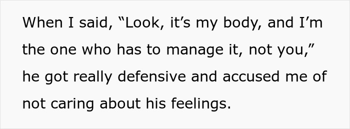 Text excerpt about a man believing he can control decisions about his wife's body and her firmly shutting him down. Text excerpt about a man believing he can control decisions about his wife's body and her firmly shutting him down.