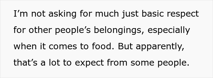Text with a statement about asking for respect for other people's belongings, linking to leftover pasta theft and purchase of mini fridge.