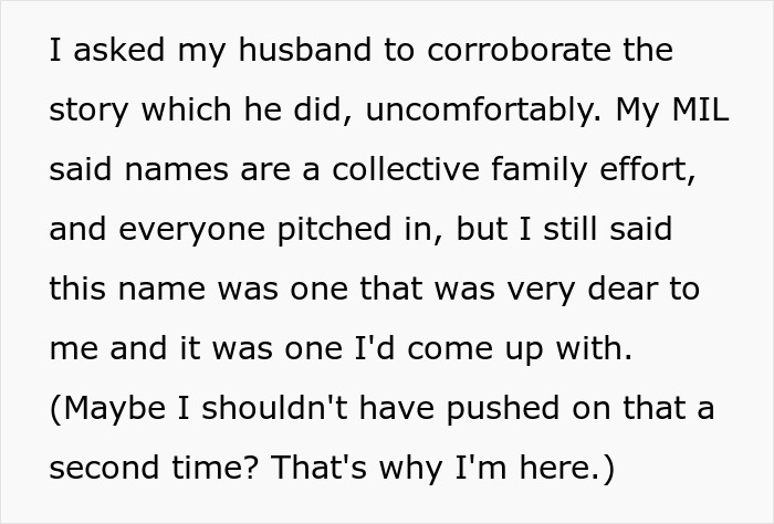 Text showing a woman correcting her mother-in-law who claimed she came up with the baby&rsquo;s name, emphasizing personal choice.