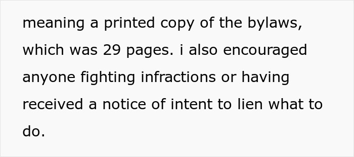 Text excerpt about fighting infractions and HOA bylaws, illustrating follow ups in dealing with petty HOA disputes.