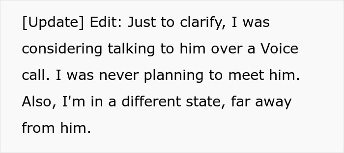 Text excerpt showing an update about considering a voice call and distance from a dad related to food sickness.