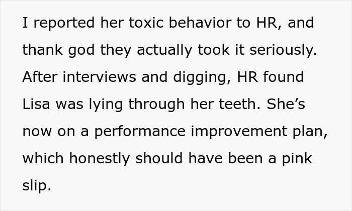 Alt text: Employee reports toxic newbie to HR, who uncovers lies and takes serious action in workplace conflict resolution.